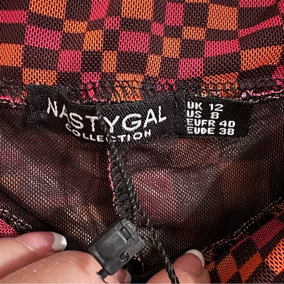 NWT Nasty Gal Abstract Checked Print Mesh Flare Pants - Picture 6 of 7